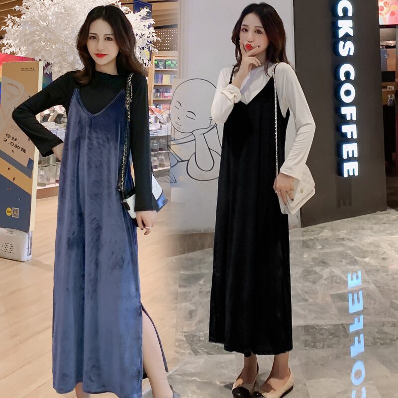 【新作】【送料無料】 マタニティウェア2019秋の新しいマタニティドレス、長袖+ベルベットサスペンダースカート妊婦ツーピースセット-アリババ ロング オータム 秋物 expec272046905537