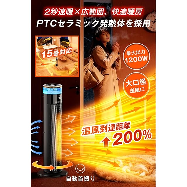 セラミックヒーター 人感センサー 首振り 大風量 速暖 ・ 加湿機能搭載