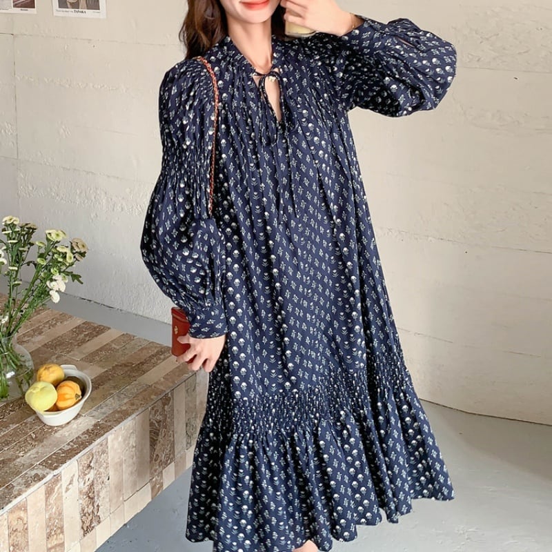 145cm〜 ネイビーブルーフレンチフローラルワンピース | kanaji