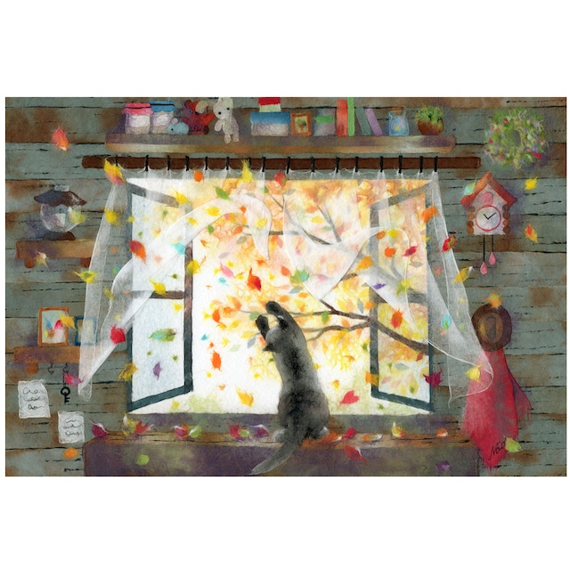 まてまて 窓辺の黒猫シリーズ秋 かわいい子猫のポストカード 和紙絵工房 和紙絵作品のプリントweb通販
