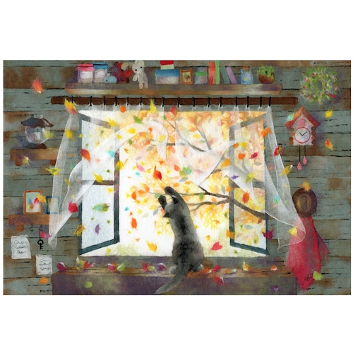 『まてまて～』　窓辺の黒猫シリーズ秋　かわいい子猫のポストカード          
