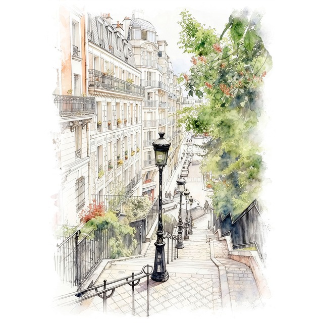 絵画 フランス 風景画(街並み) パリ モンマルトル インテリアアート額付き 水彩画・油絵調 WAT0340