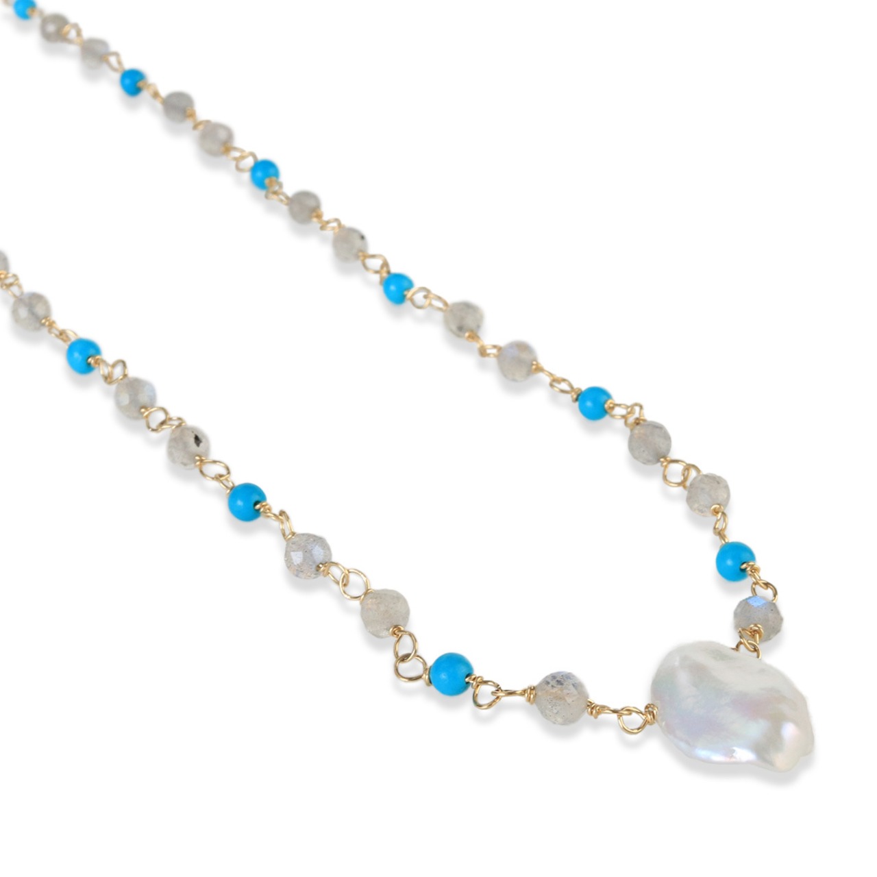 ターコイズがポイント！ パールトップ ターコイズxラブラド メガネ留め ネックレス ne1012