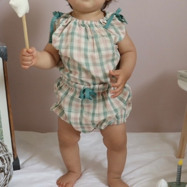 【取寄】くすみチェックが可愛すぎるリボン付きノースリーブセットアップ