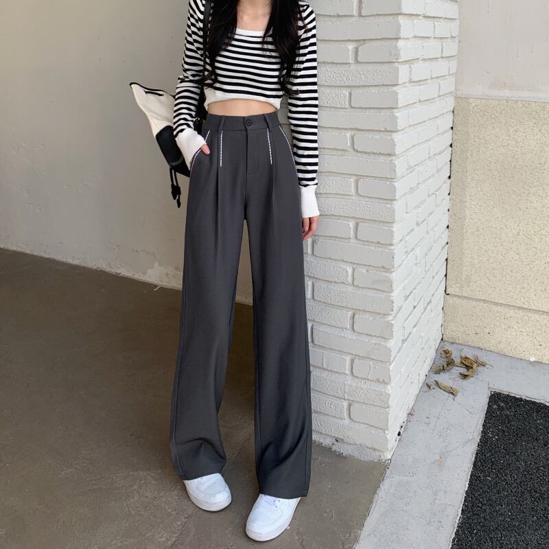 ボトムス パンツ ズボン スーツ ワイドレッグパンツ ロング ロング丈 ハイウェスト スリム 細身 ストレート スマート ドレープ シンプル カジュアル 上品 おしゃれ お洒落 かっこいい マニッシュ ボーイッシュ スポーティー ルーズ 個性的 クール 無地 春 秋 10代 20代 レディース 女性用 学生 お出かけ 韓国 韓国系 XS S M L XL 小さいサイズ ゆったり ゆる サイズ 灰色 グレー くすみカラー 大人カラー モノトーン