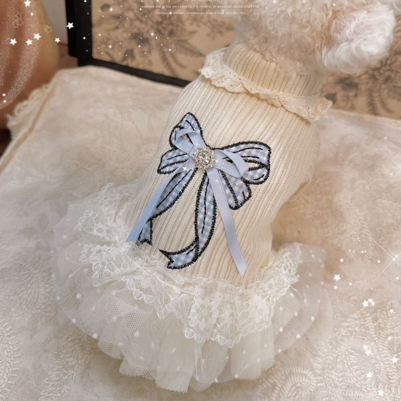 【予約】ブルーリボンのホワイトドレス 犬服 01060