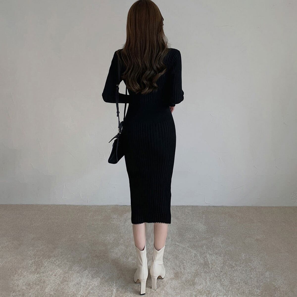 ロングワンピース レディース リブニット きれいめ 秋冬 韓国 大人 おしゃれ 上品 タイト ウエストマーク ハイウエスト 長袖 大人可愛い 大人女子
