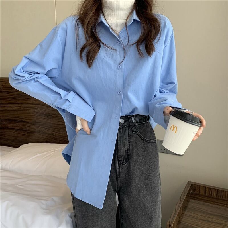 ブルーシャツ スプリングオータムスタイルルーズブラウス カーディガンジャケット ロング 春物 秋物 YY-ファッション33898846536