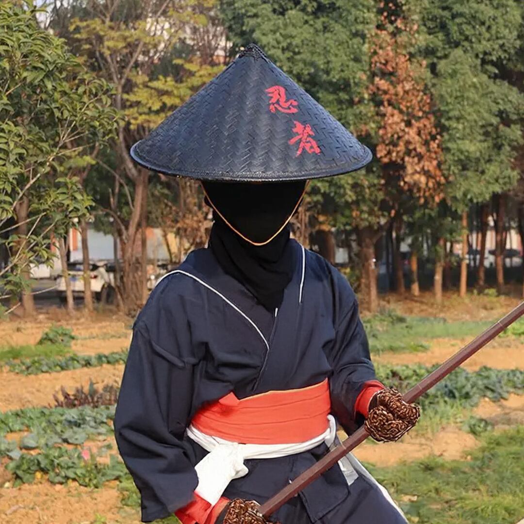 帽子 竹笠 忍黒蓮 - 忍者風 竹製 黒笠 雨よけ 撥水加工 軽量 忍 侍 笠