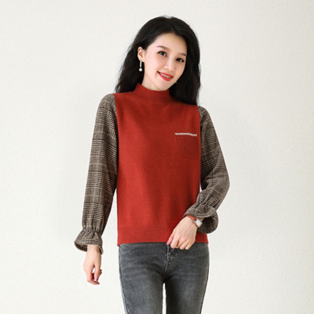 トップス セーター ショート丈 長袖 レギュラー袖 ハーフタートルネック ストレート ウール フェイクツーピース カジュアル 大人 上品 お洒落 こなれ感 個性的 クール とろみ感 柄 格子縞 ステッチ 秋 冬 誕生日 クリスマス 30代 40代 50代 女性用 ママ  OL 通勤 お出かけ 公園デビュー 女子会 お泊まり 休日 イベント リゾート 旅行 ホテル レストラン ショッピング ファッション 暖かい ギフト インスタ映え M L XL 2XL 3XL 4XL コーヒー エンバク 黒 赤