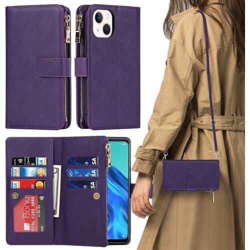 iPhone13 mini ケース 手帳型 ショルダー 13 ミニ カバー アップル アイホン13ミニ 携帯ケース 13ミニ アイフォン13ミニ スマホケース 手帳型 適用 case iCoverCase ストラップホール付き カード収納 バッグ マグネット 留め具 肩がけ 首掛け 斜め掛け カードケース ファスナー型 ストラップ付き カバー ショルダーケース クロスボディケース カード入れ スマホケース 携帯カバー パープル 981