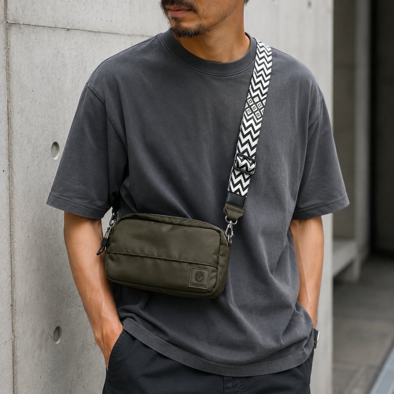 【H0690】Geometric Pattern Strap Nylon Material Shoulder Bag / 2color