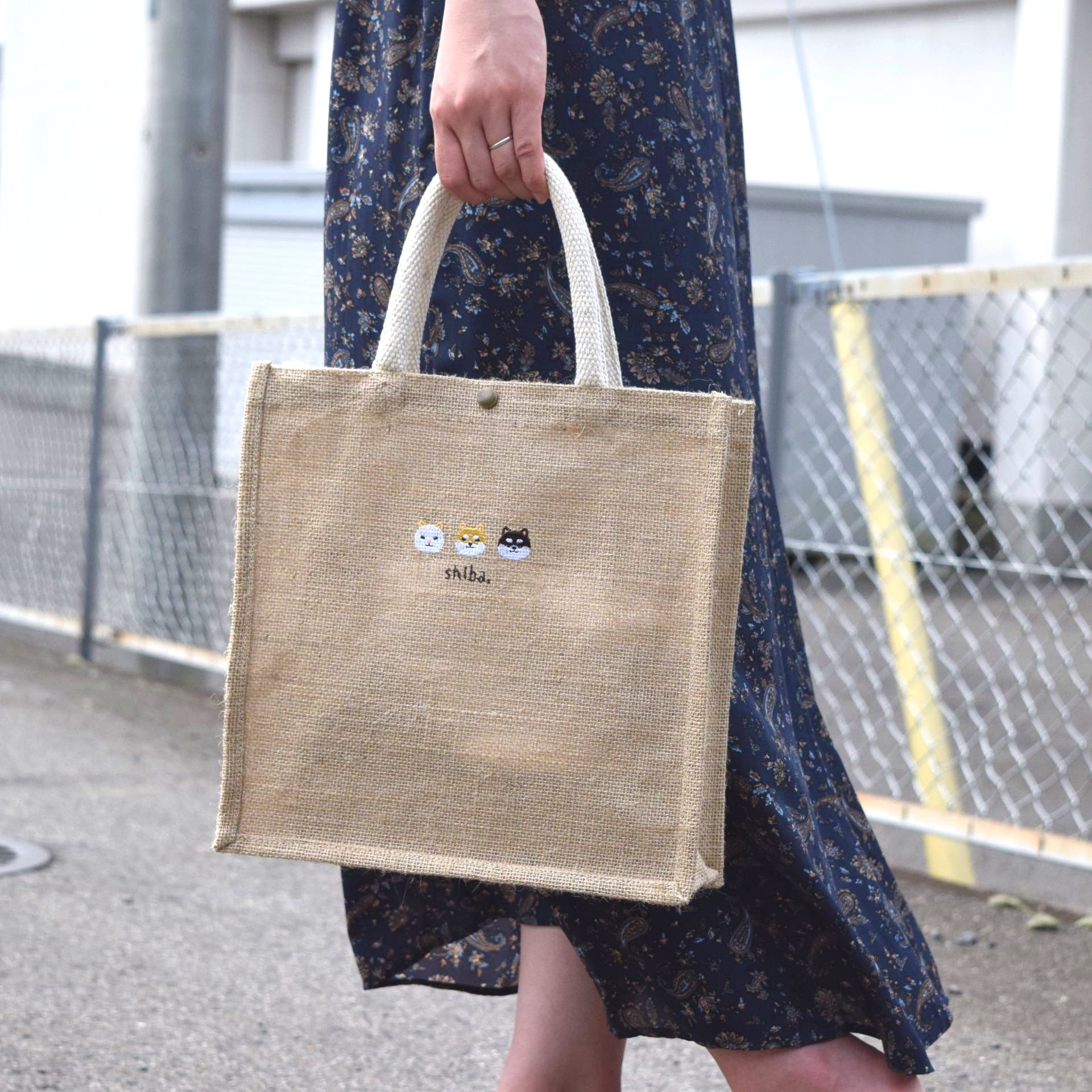 犬が選べる!刺繍ジュートバッグ ショルダー 2way 柴犬 かごバッグ