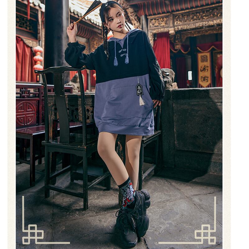 森女部落シリーズ パーカーワンピース 2way チャイナ服 中華服 S M L 黒 紫色 チャイナ風ワンピース Elegant