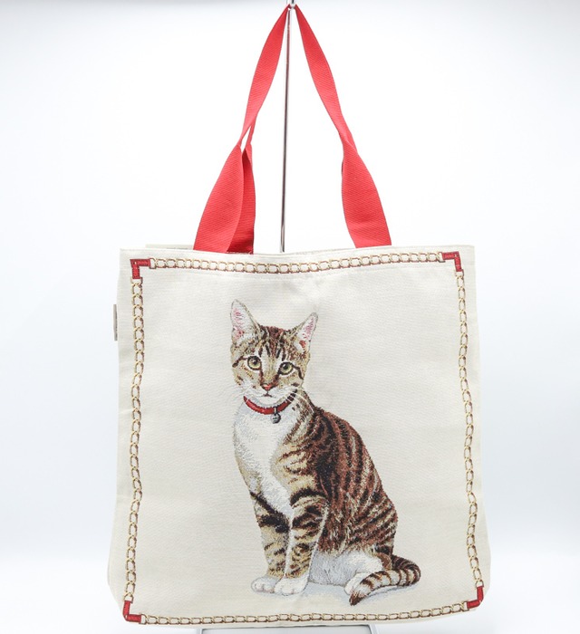 イタリア製　ハンドメイド猫柄アンゴラ織布製トートバッグ