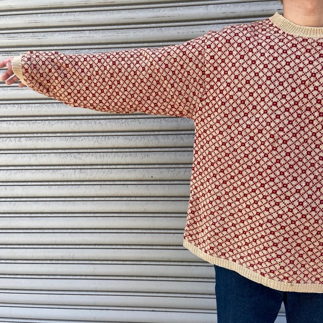 90s J.CREW 千鳥格子柄ウールセーター 総柄ニット ベージュ M