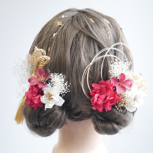 A382  赤　桜　タッセル　ドライフラワー　金箔　髪飾り　水引　卒業式　袴　成人式　振袖　結婚式　白無垢　和装