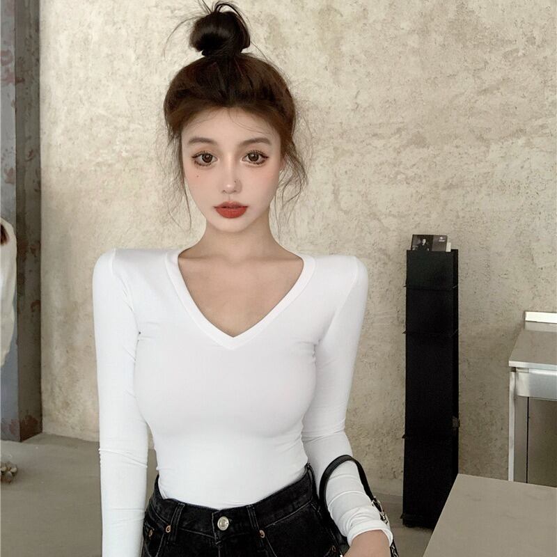 スタイルVネックTシャツ シャツ スプリングスリムトップス ロング 春物 ヨーロピアン YY-ファッション80166851147