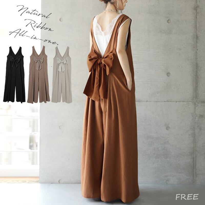 2022新作 レディース オールインワン サロペット 無地 キャミソール キャミワンピース バックリボン