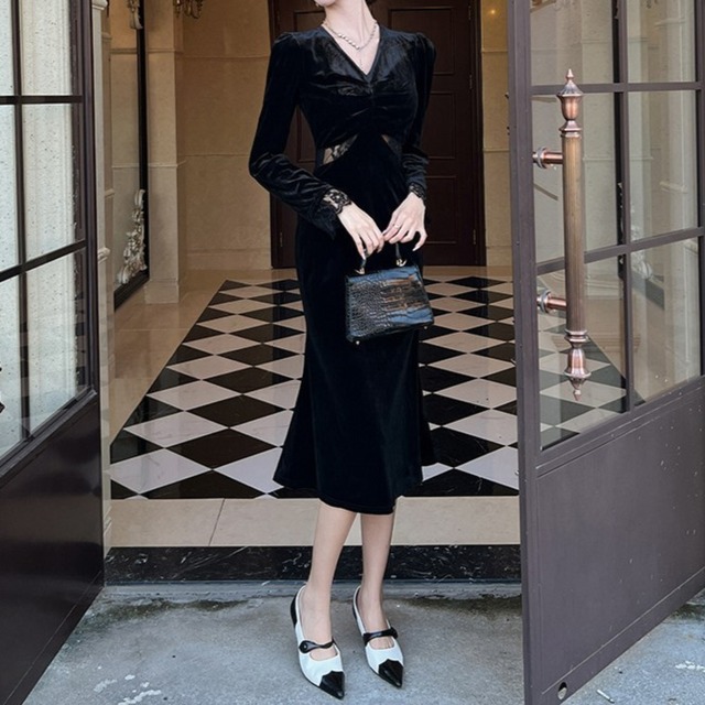 V neck elegant lace stitch velvet slim dress