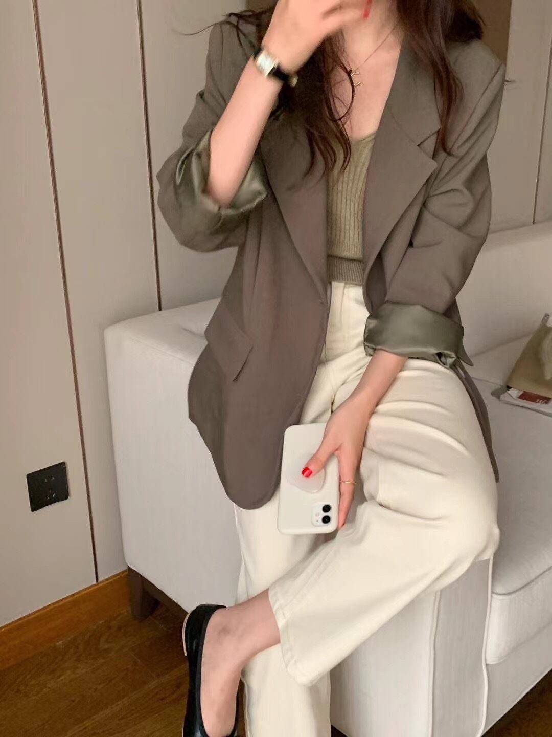 ジャケット スプリングオータムスタンダードカジュアルルーズブラック ロング レトロ 春物 秋物 ビッグFスモールZ韓国94585729392