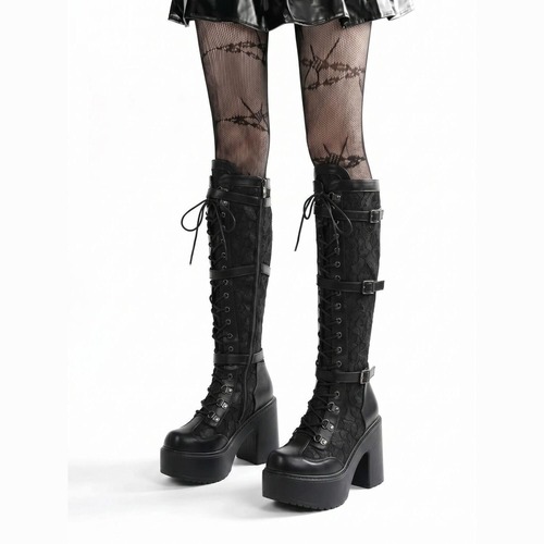 lace buckle long boots / l0917