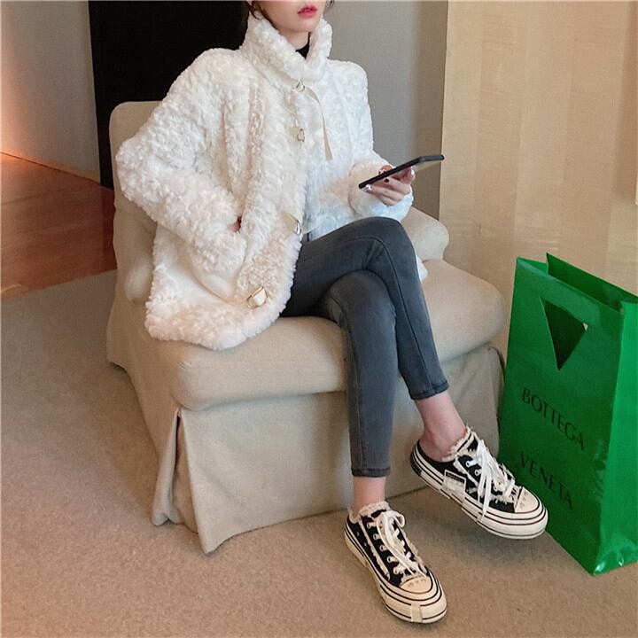 短いスタイル スタンドカラー ファー コート ゆったりする 小さい新鮮な 暖かい 厚手