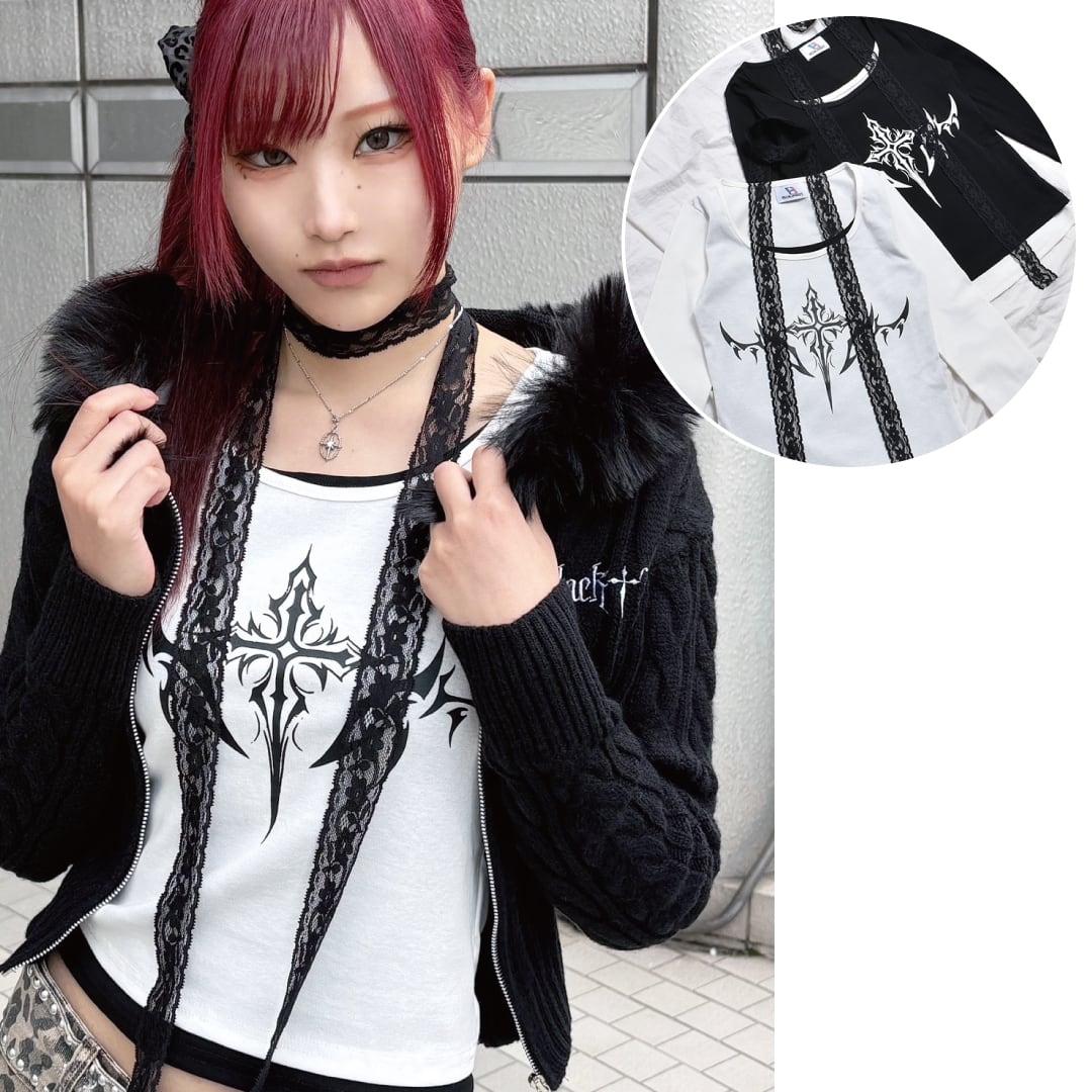 【11/25新着】2点セット★レースチョーカー付きロンT(クロスモチーフ)