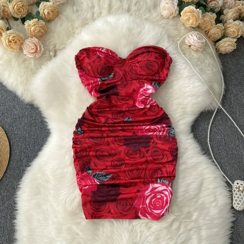 ドレス ミニ丈 チューブトップ 花柄 大人可愛い セクシー きれいめ 春夏 お呼ばれ お出かけ 女子会  ハイウエスト ウエストマーク