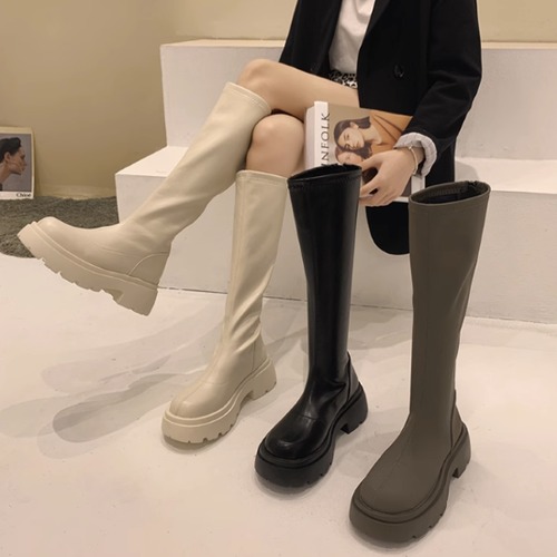 ロングブーツ レディース ブーツ 靴 シューズ ロング丈 厚底ブーツ ラウンドトゥ バックジッパー シンプル 無地 カジュアル お出かけ おしゃれ ファッションブーツ 履きやすい 疲れにくい 女性