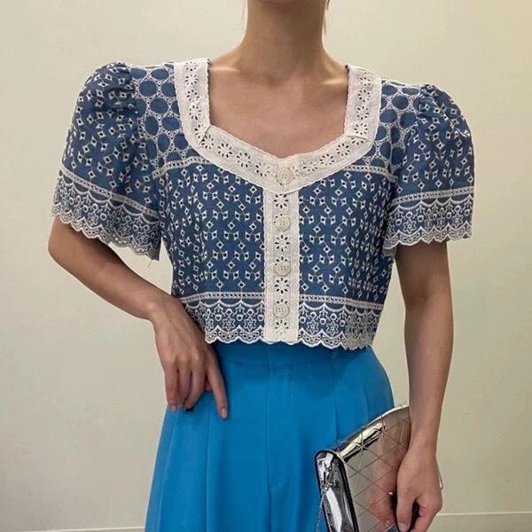 July スクエア襟 半袖トップス おしゃれ お花柄 夏服 韓国系