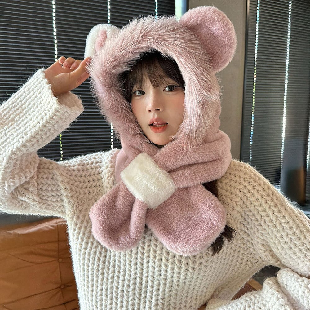 マフラー付き くまみみ 帽子 レディース 秋冬 ボアハット 防寒 保温