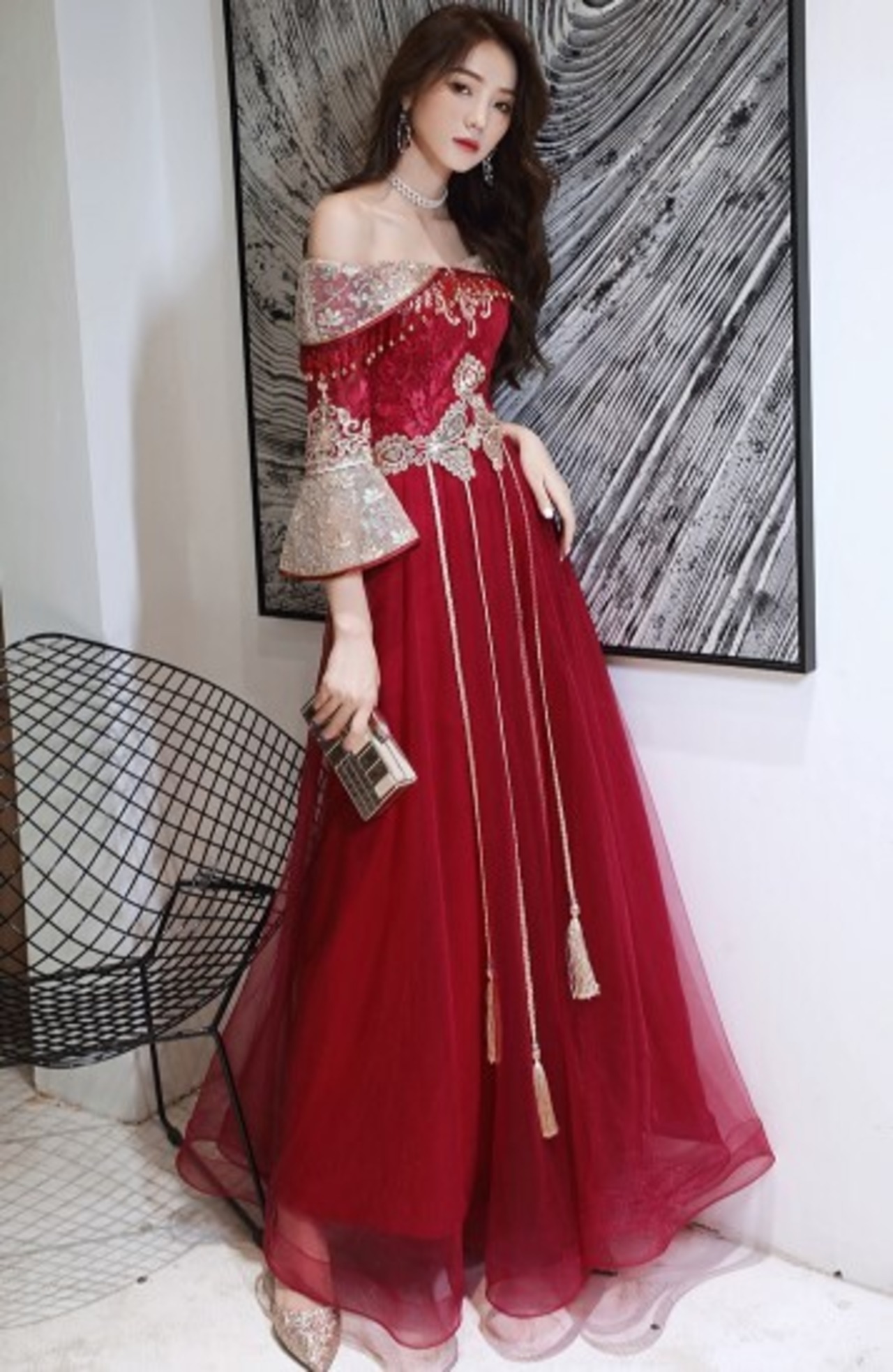 上品！ パーティードレス ワインレッド ワンショルダー 床付く  