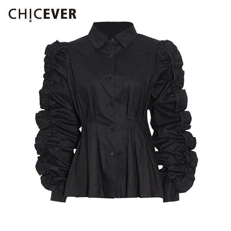 CHICEVERシャツレディースラペルバタフライスリーブウエストチュニックパッチワークフリルブラウス2021 6base567720043905