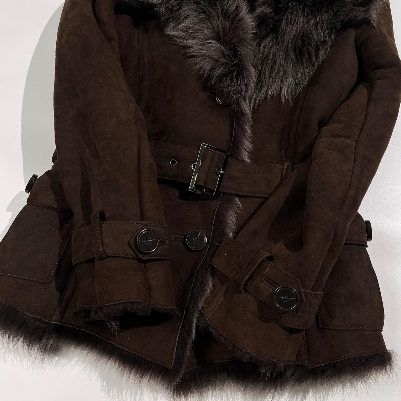 RULE 高級 羊革 ムートン ジャケット ベルト付き サイズ L /ダークブラウン/本革/リアルファー