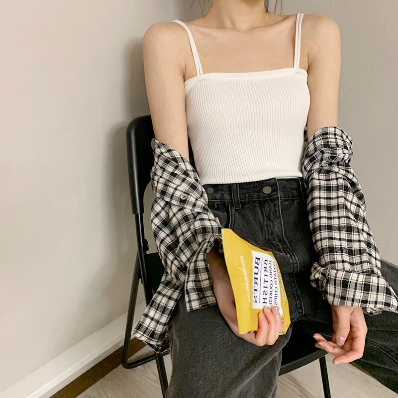 白いボトミングシャツセクシーなブラウス、黒い痩身ニットの小さなキャミソール、夏の女性は外でボトミングを着用 1号婦人3938117491