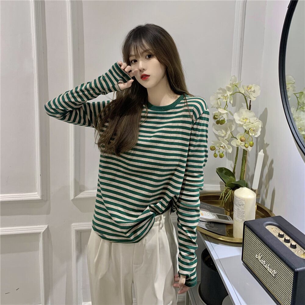 秋 冬 春 コーデ シャツ 多色 ボーダー 不規則 長袖 人気 おしゃれ