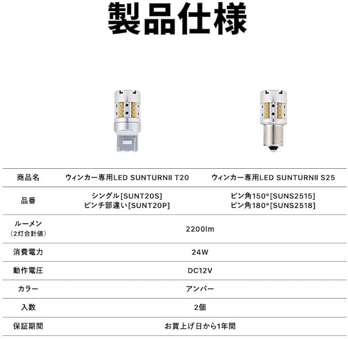 スフィアライト ウィンカー LED SUNTURN2 S25 ピン角 180 2200lm