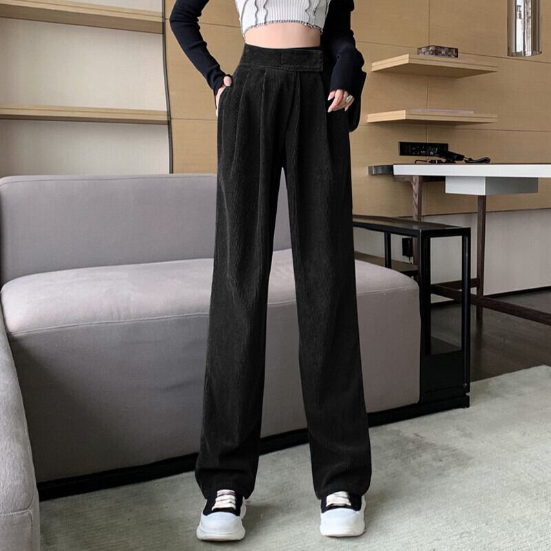 ウェストコーデュロイカジュアルパンツ オータムウィンタールーズスタンダード薄手ブラック レトロ 秋物 冬物 ガールズファッション78299386068