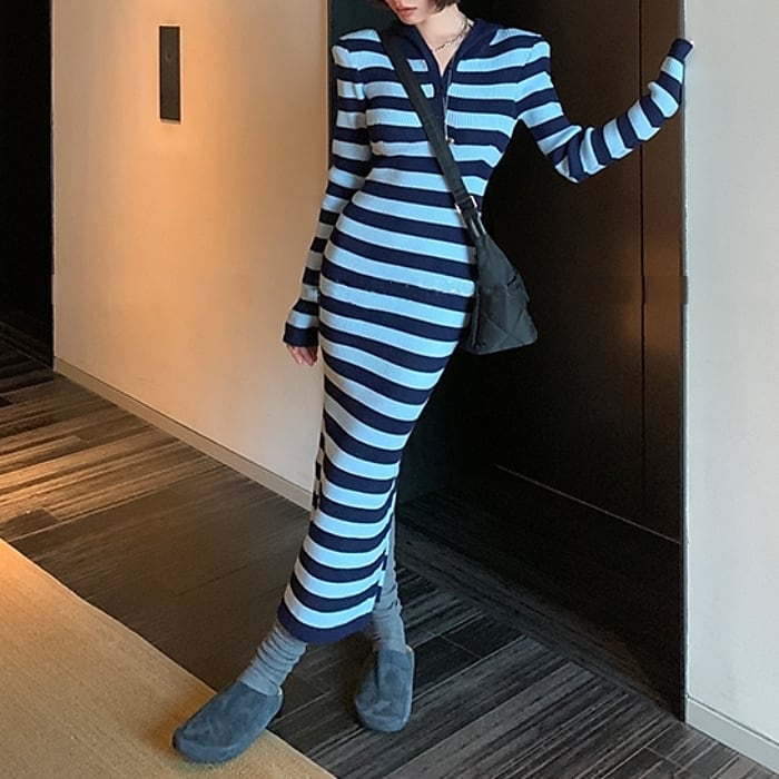 萌 MOYURU ニットワンピース 配色 ゆったり ビッグシルエット グレー