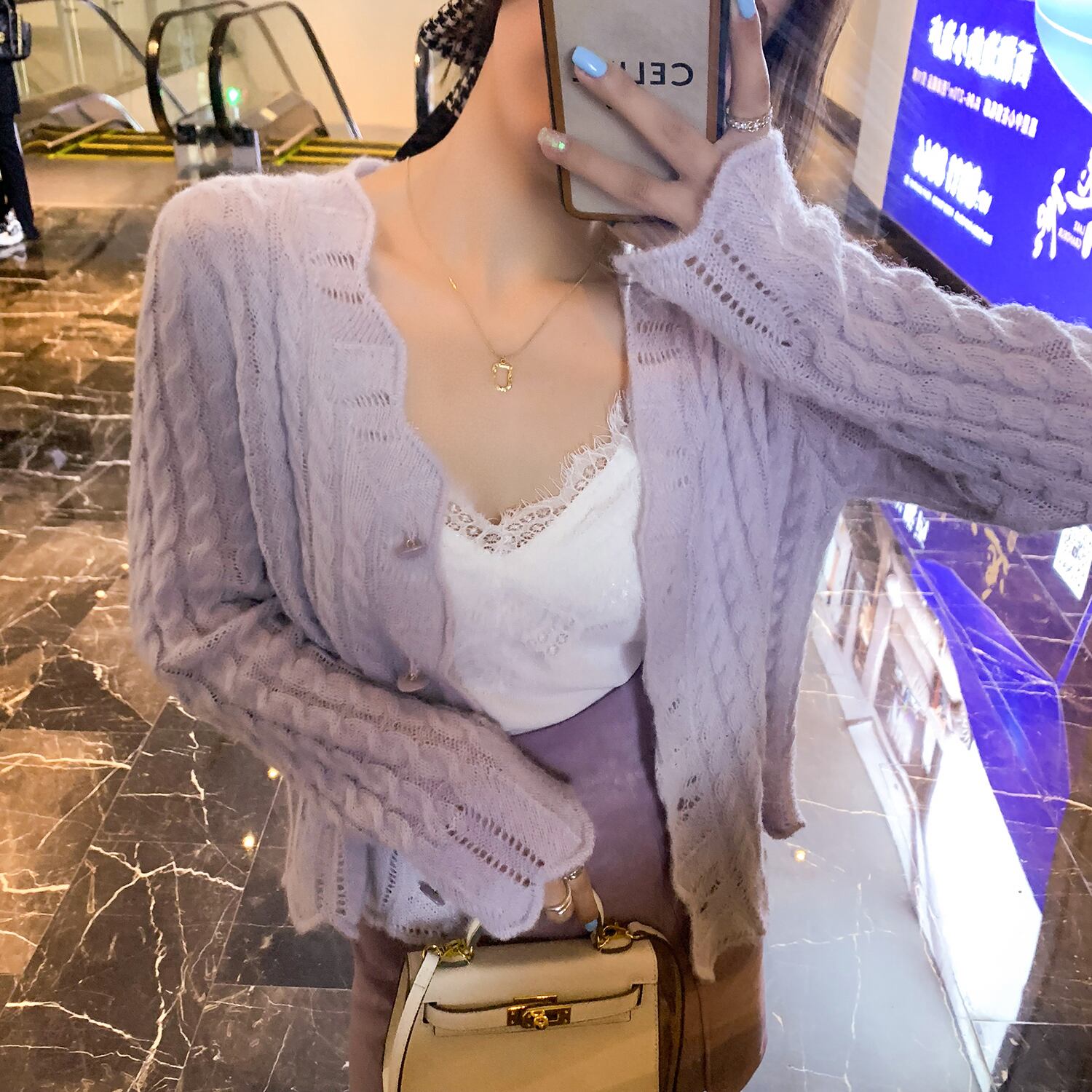 スプリング薄手ニットカーディガンレディースカラートップス 春物 ピュア パープル 6Du_Shop_Women9867571560