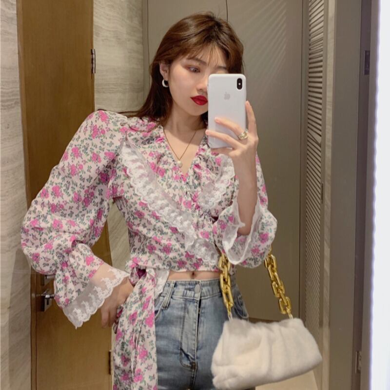 オータムスタンダードVネックレースシフォンシャツ ブラウス ロング レトロ 秋物 ステッチ ハンチェンe71918647776