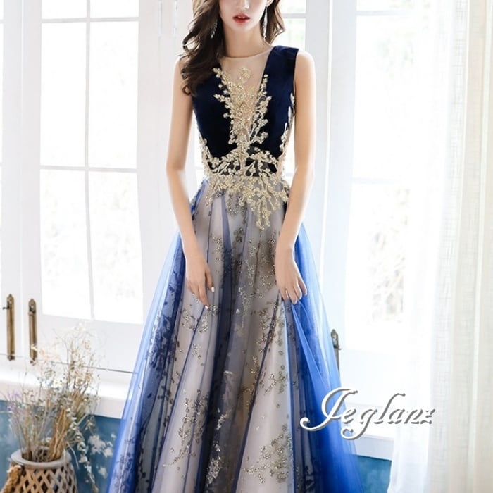 パーティ イブニングドレス ノースリーブ 編み上げ 背中見せ 光沢感(M9012)ε