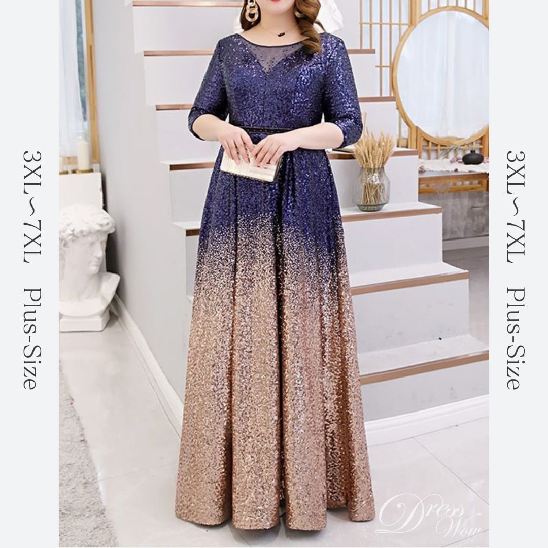 【3XL〜7XL】スパンコールグラデーションドレス D1571