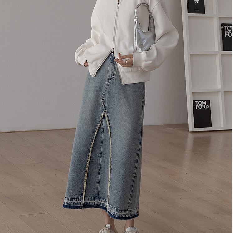 fringe slit denim skirt