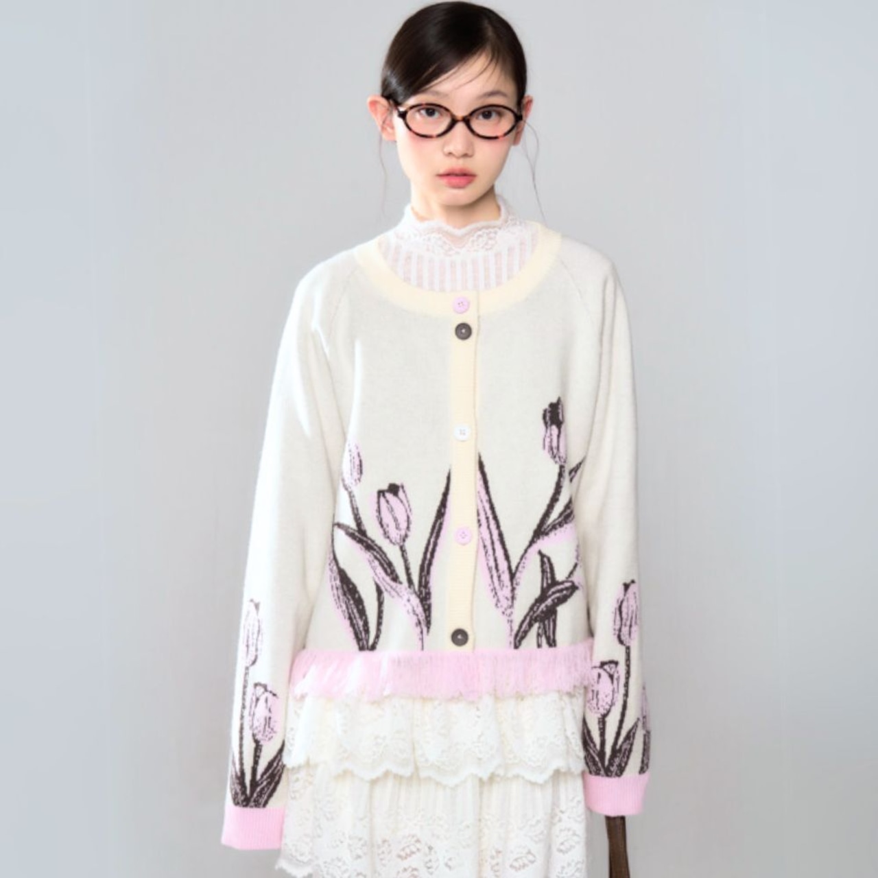 チューリップ咲く裾フリンジカーディガン E00534