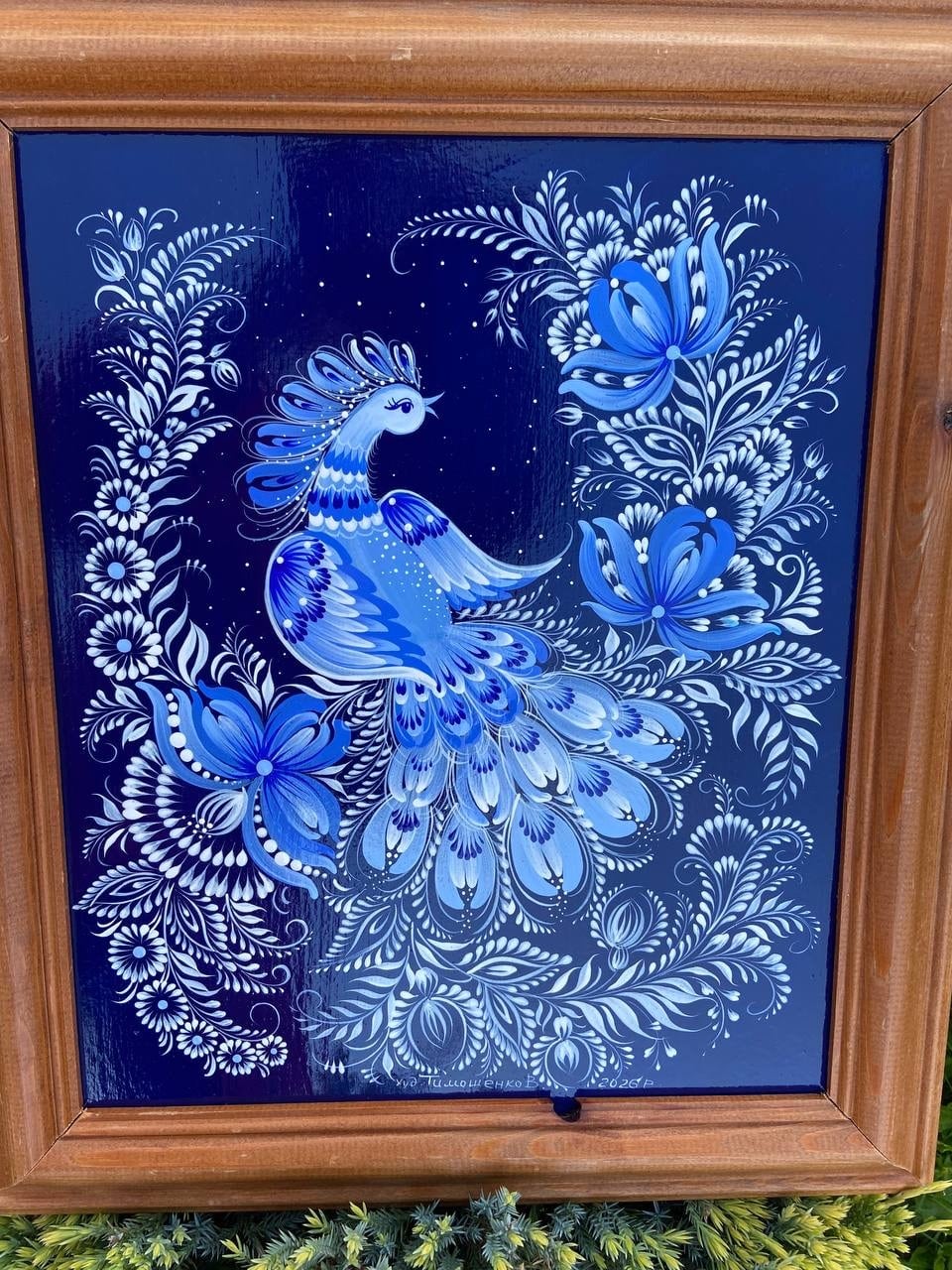 青い鳥】ペトリキフカ塗り 壁掛け手描きアートパネル（ティモシェンコ