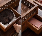 中華風木製収納ボックス 茶道具収納 アンティーク調 透かし彫り 多層収納 茶器整理 和風インテリア 木工芸品 茶室用品 伝統工芸