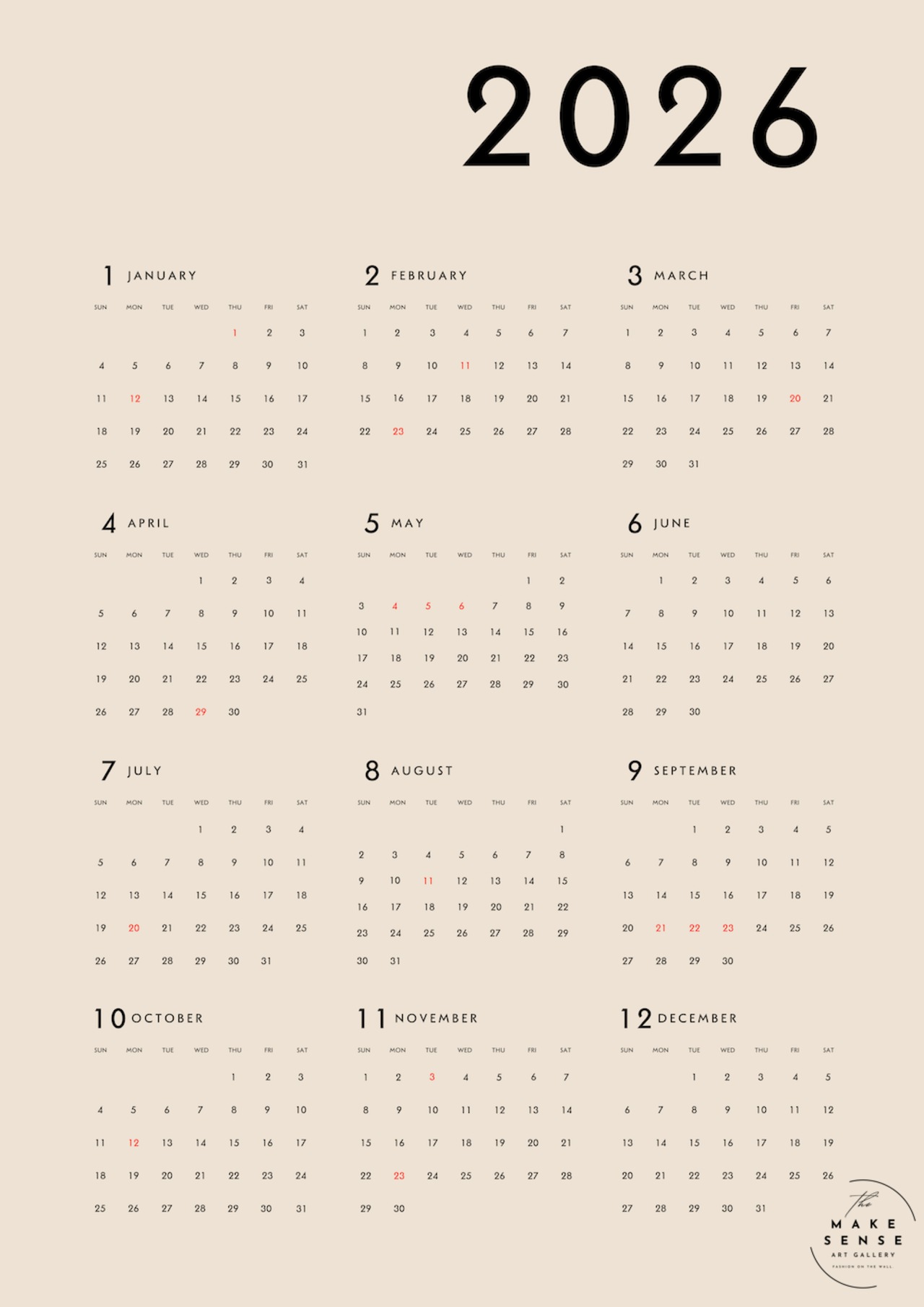 2026 MINIMAL CALENDAR｜余白と数字が美しいミニマルカレンダーポスター｜一年を整える洗練デザインA3ポスター