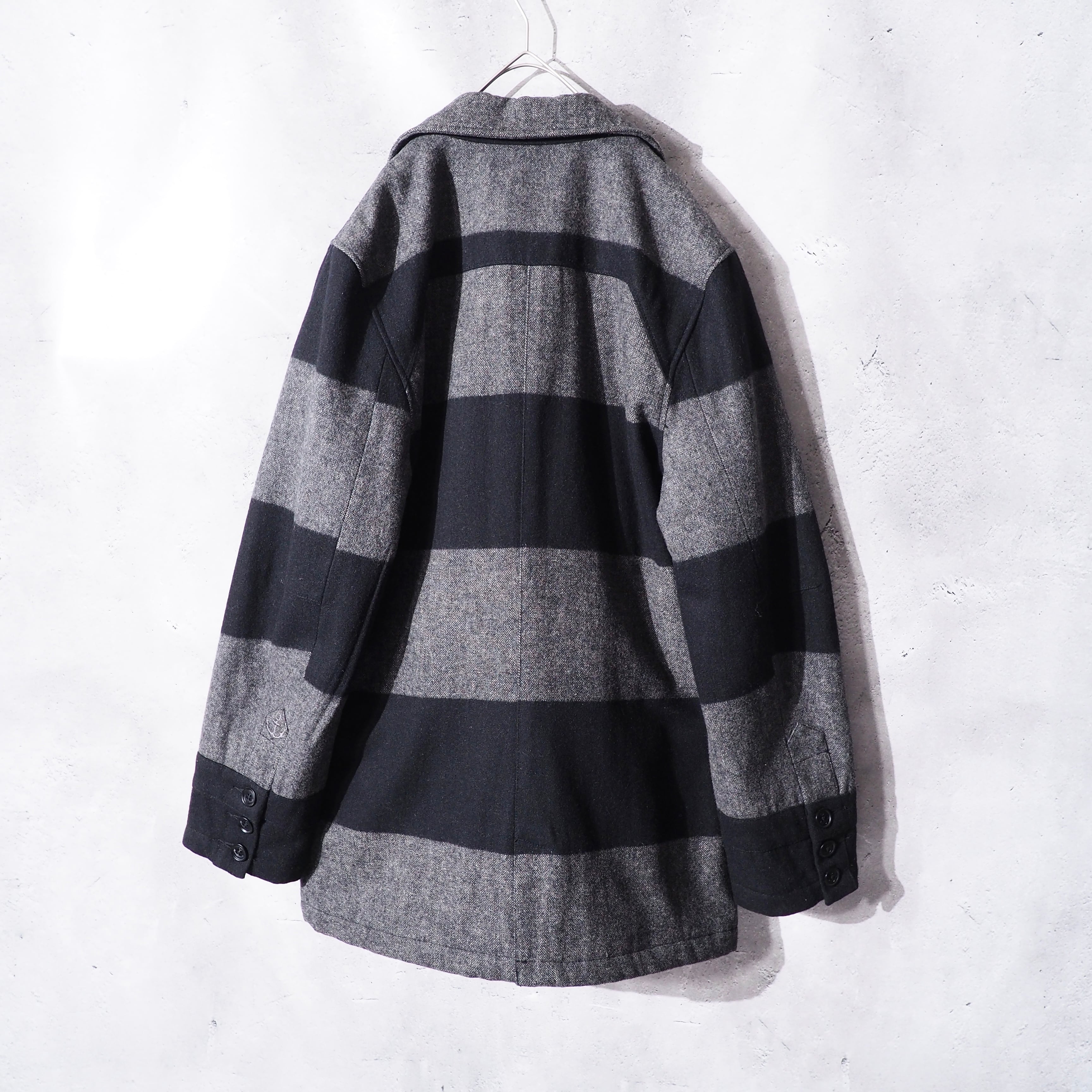 2000s " VOLCOM " Black × Dark grey Fat Border pattern wool Pea coat